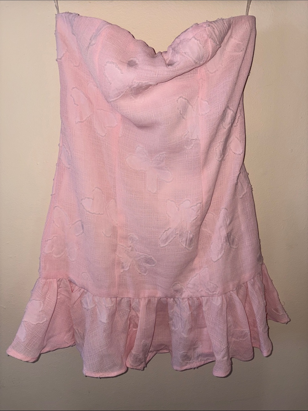 Peppermayo Pink Strapless Ruffle Hem Dress